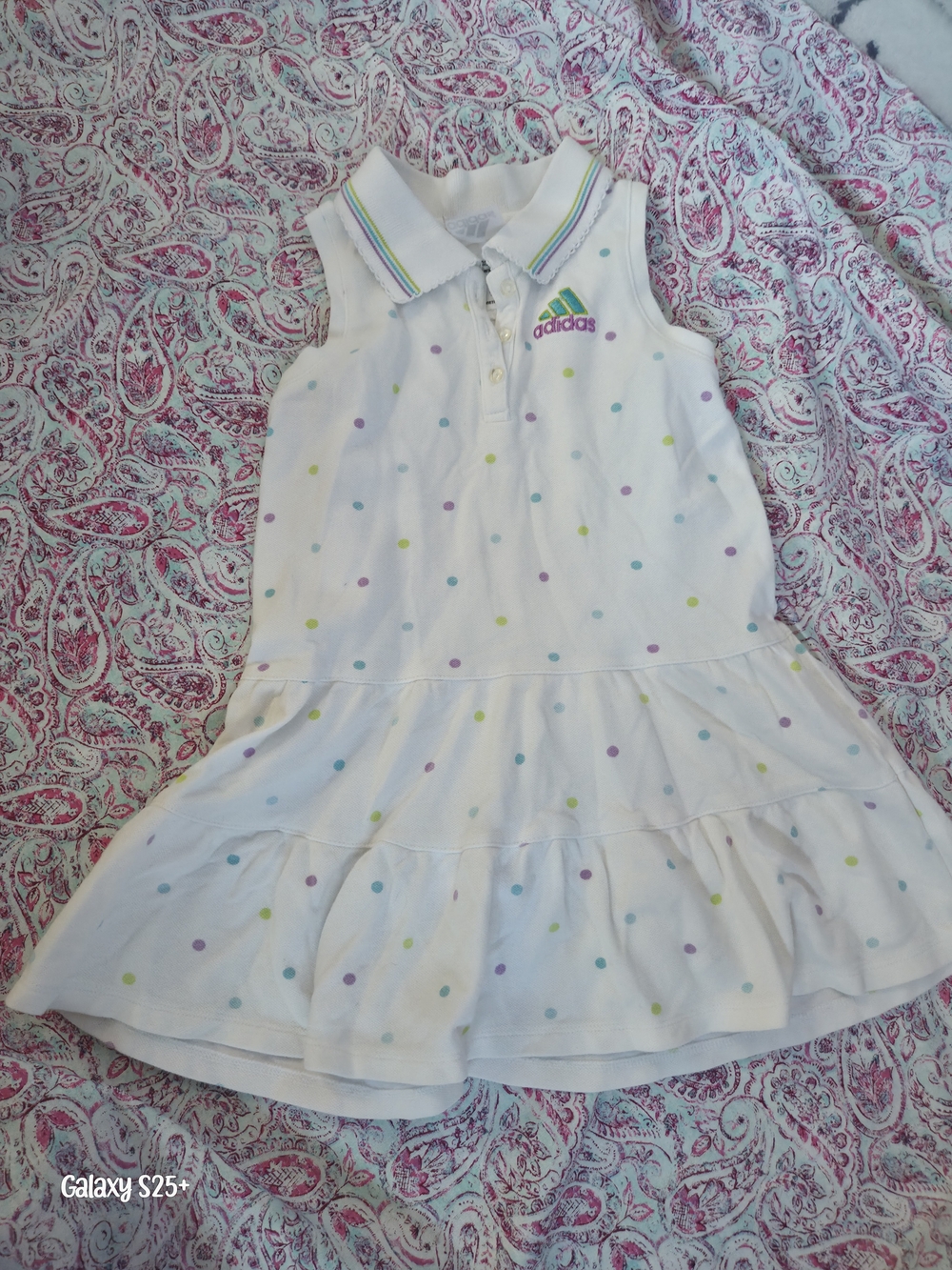 adidas Girls' White Polo Dress with Pastel Polka Dots
